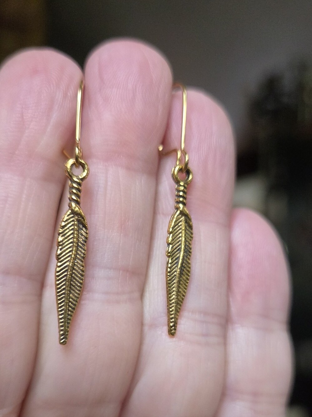 Gold Feather Drop Earrings - Picture 2 of 7